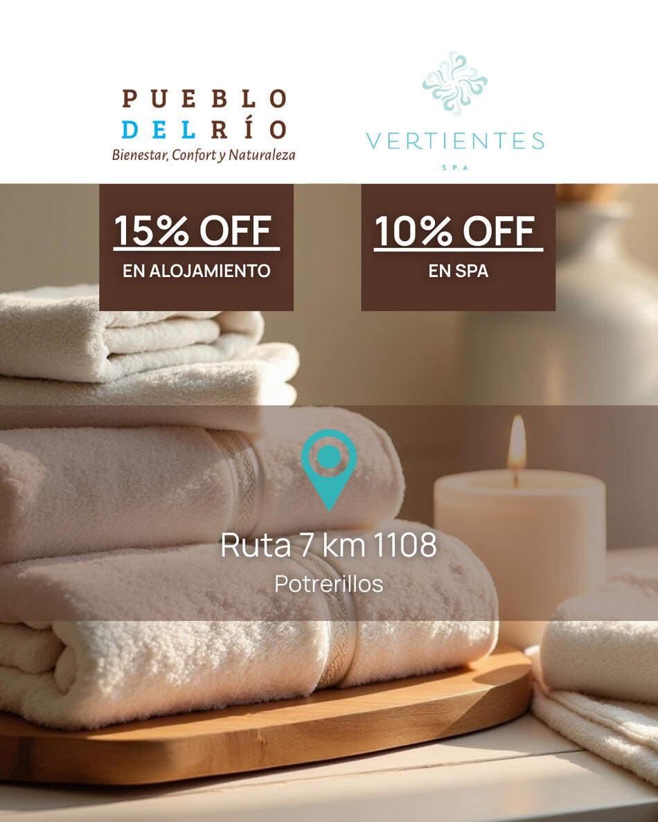 Disfrutá la montaña en Pueblo del Río con beneficios de Peluquería PIURA. Turismo de bienestar en Potrerillos - Alianza Pueblo del Río y PIURA.